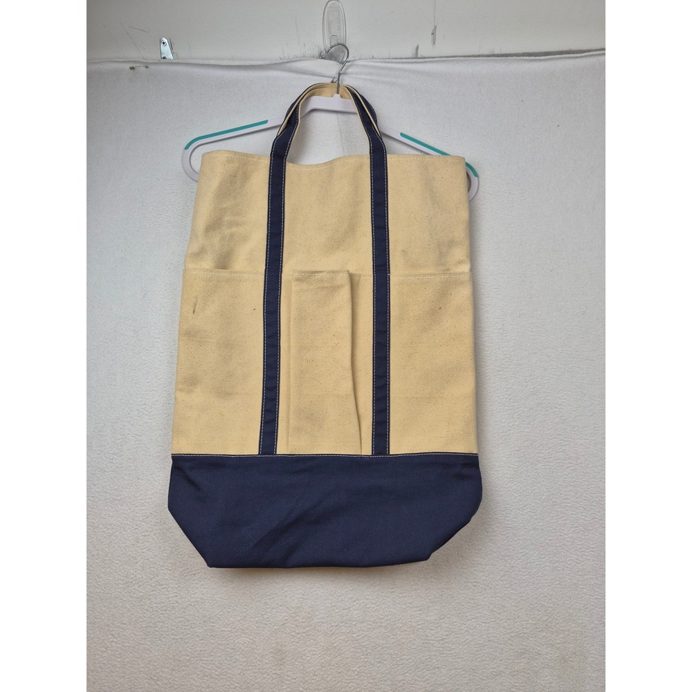 LL Bean Tall Canvas Tote Bag Blue Ivory 6 pocket Canvas Garden Bag 22" Tall